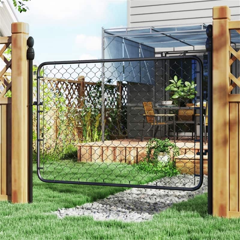 26"-47.2" Wide Galvanized Steel Adjustable Black Garden Gate Fence with Latch and Hinges - 26"-47.2" W x 70.9" H