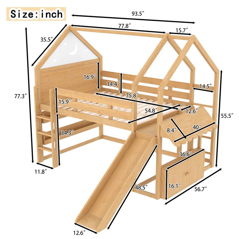 Roomfitters House Loft Bed with Slide and Bookshelf, Star Moon Roof Design