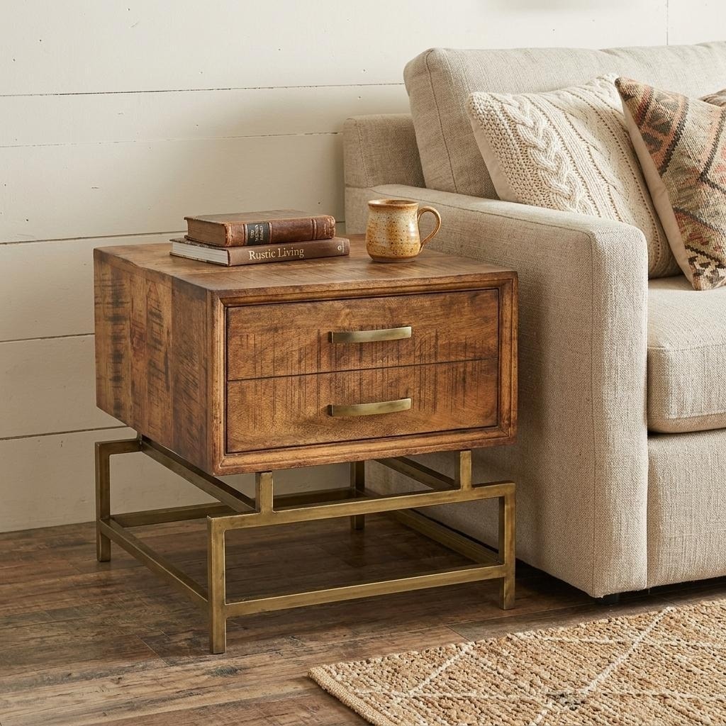 HomeRoots 21" Brass And Brown Solid Wood And Iron Square End Table With Drawer - 20.00 in. x 21.00 in. x 20.00 in.