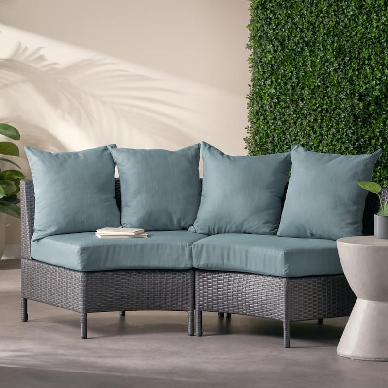 Newton Wicker Outdoor Curved Loveseat Sectional with Cushions by Christopher Knight Home - Gray/ Teal