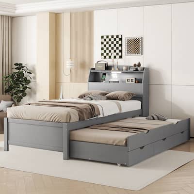 Modern Twin Size Platform Bed Frame with Trundle, 2 Drawers, Wooden Bed with LED Storage Headboard for Bedroom