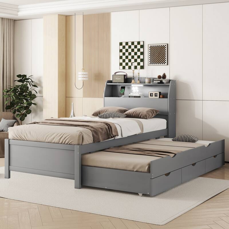 Roomfitters Wooden Platform Bed with Trundle, Headboard Storage and Accent Lighting - Grey - Twin
