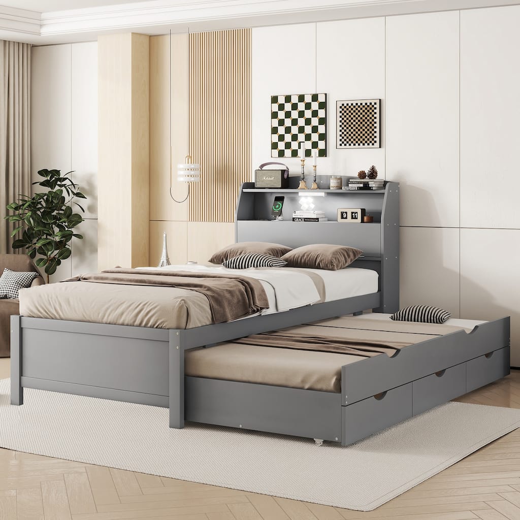 Twin Size Wooden LED Platform Bed with Trundle, Storage Headboard and Drawers