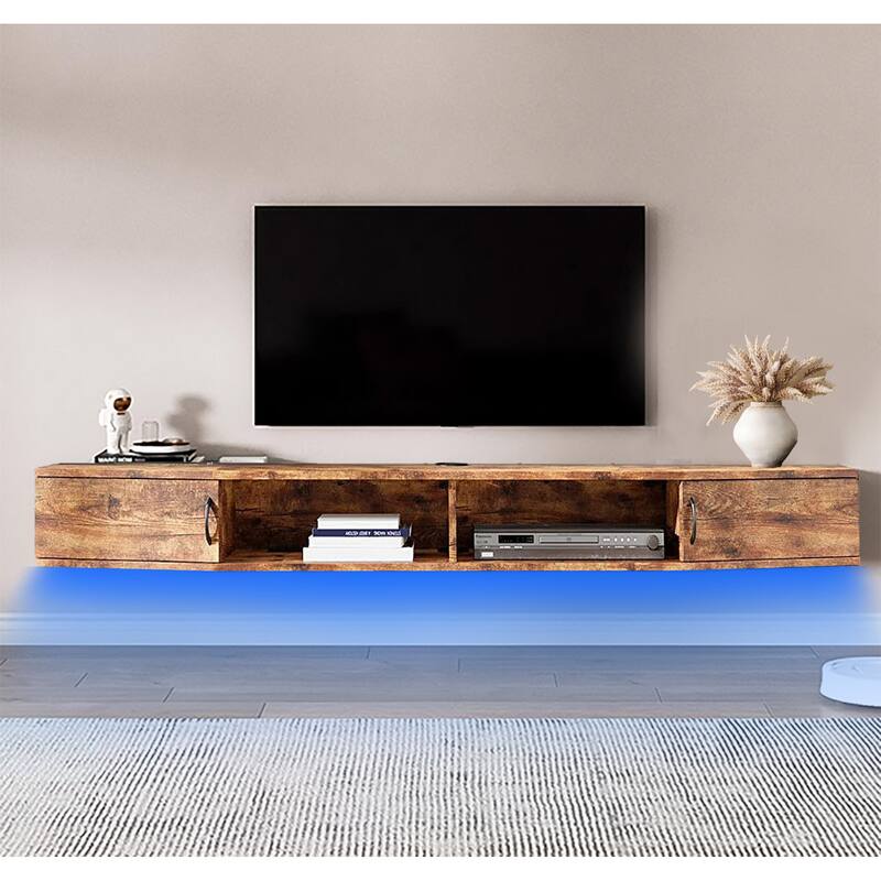 Floating TV Stand with Charging Station and LED Light - Brown