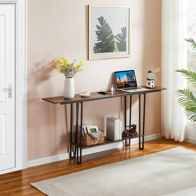 Console Table with Outlets for Entryway, Sofa Table with Wood Shelves, Industrial Entryway Table Foyer Table
