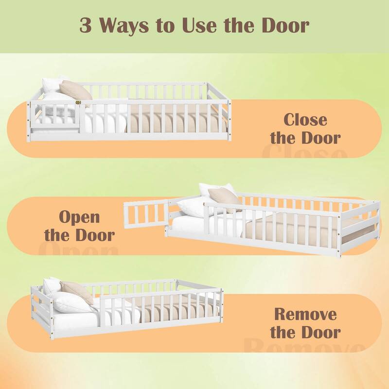 Costway Twin Size Floor Bed with Door & Fence with Safety Guardrails &