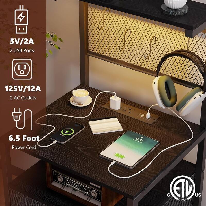 Nightstand Set of 2 with Charging Station and LED Lights