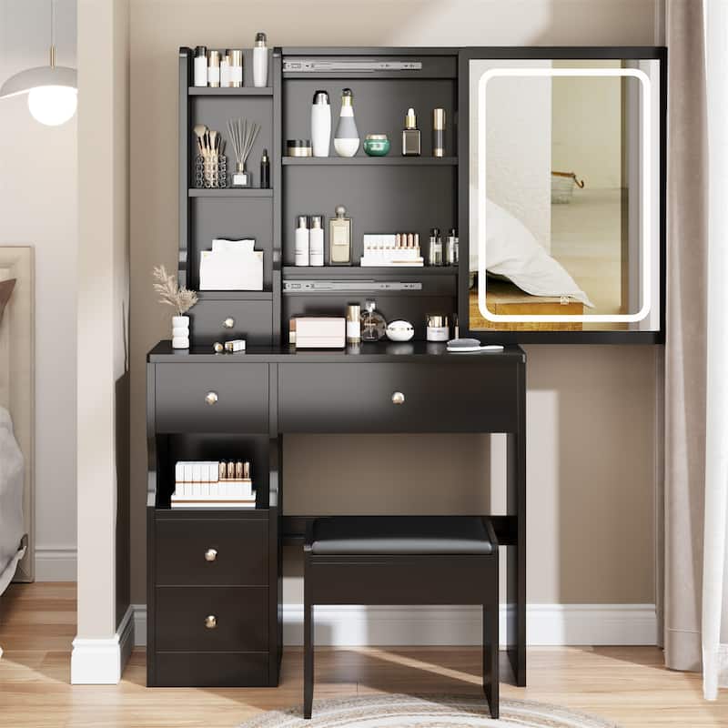 Small Space Left Drawer Desktop Vanity Table with Cushioned Stool