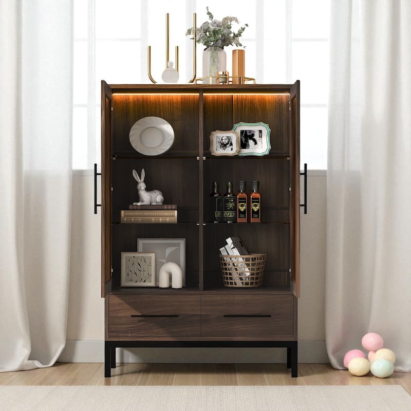60" Tall Farmhouse Display Cabinet with Glass Doors, LED Lighting, Adjustable Shelves and 2 Drawers