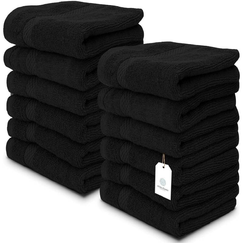 White Classic Luxury Cotton Washcloth 13x13 - Set of 12 - Black