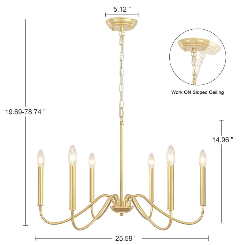 25.59'' W 6-Light Simple Candle Chandelier, Industrial Chandelier, Traditional Metal Ceiling Light for Dining Living Room