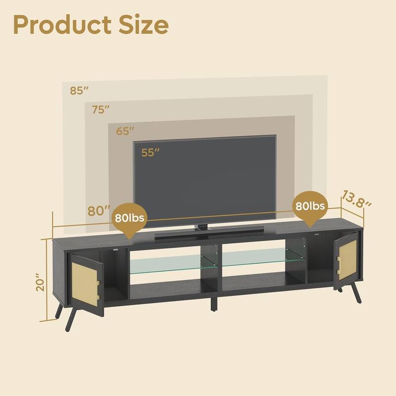 80'' Rattan Black TV Stand for TVs up to 85", Boho LED TV Console with Adjustable Shelves and doors