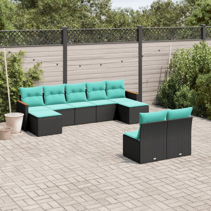 vidaXL 9 Piece Patio Sofa Set with Cushions Black Poly Rattan - 21.7x27.2x24.4 - Without table