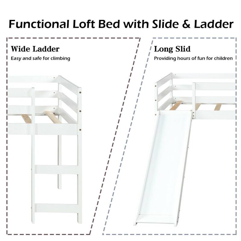 Gymax Twin Size Loft Bed with Slide Wood Low Sturdy Loft Bed for Kids