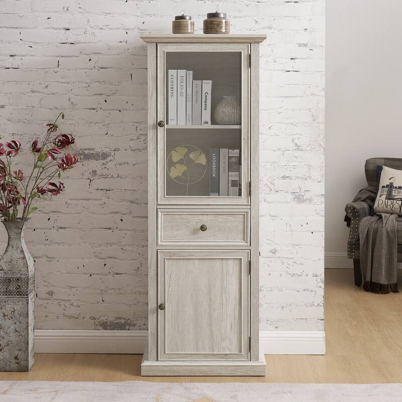 Modern Glass Door Cabinet, Tall Freestanding Storage with Shelves & Drawer, Versatile Organizer for Home