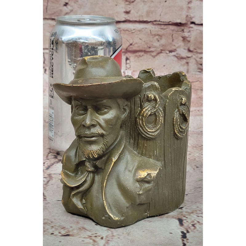 Western Cowboy Bust Bronze Pen Holder – Rustic Desk Decor
