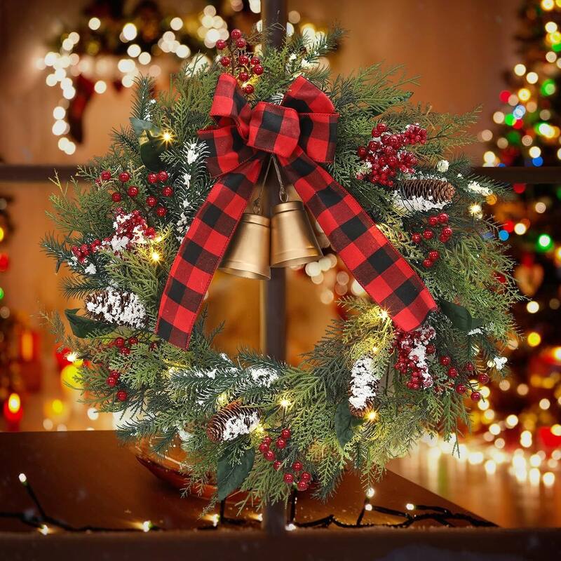 24 Inch Lit Christmas Wreath with Bells & Bow for Front Door, Window, Indoor