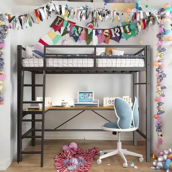 slide 2 of 9, Black Metal Twin Loft Bed with L-Shaped Desk,Charging Station,Safety Guard,Ladder Black