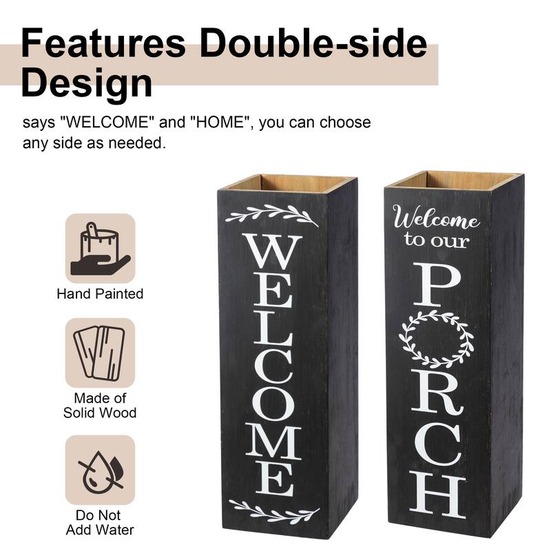Glitzhome 24"H Double Sided Solid Wood Black White Boxed "WELCOME PORCH" Porch Sign