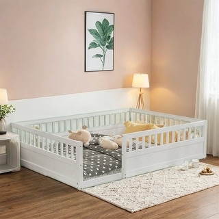 Full Floor Bed Frame with Fence,Wood Kids Floor Beds Frame for Bedroom