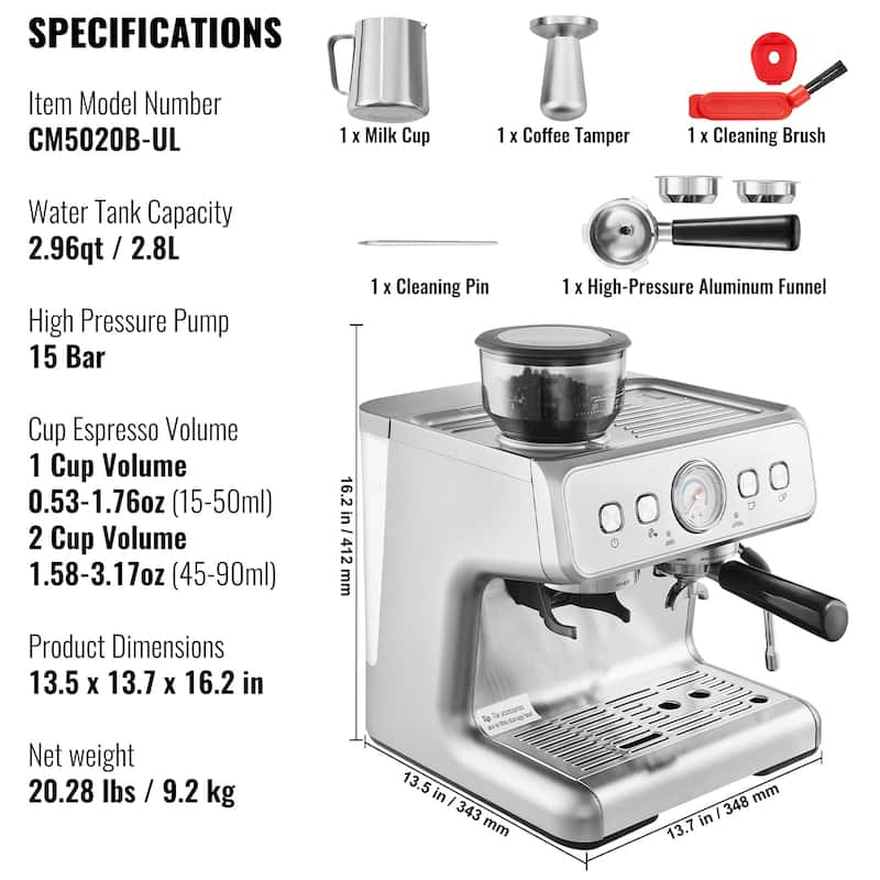 Espresso Machine with Grinder for Cappuccino, Latte, Machiato, PID Control System - 2.96qt