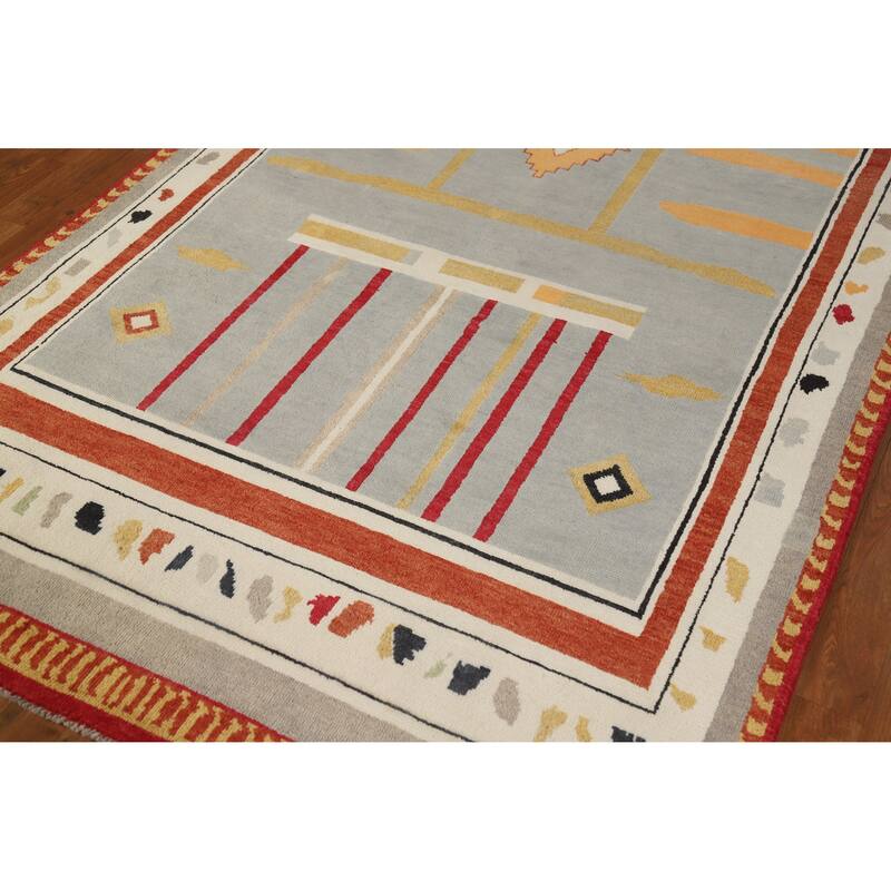 Hand Knotted Oriental 100% Wool Carpet Modern Geometric Greys & Charcoal Gabbeh Area Rug - 10' 0'' X 4' 11''