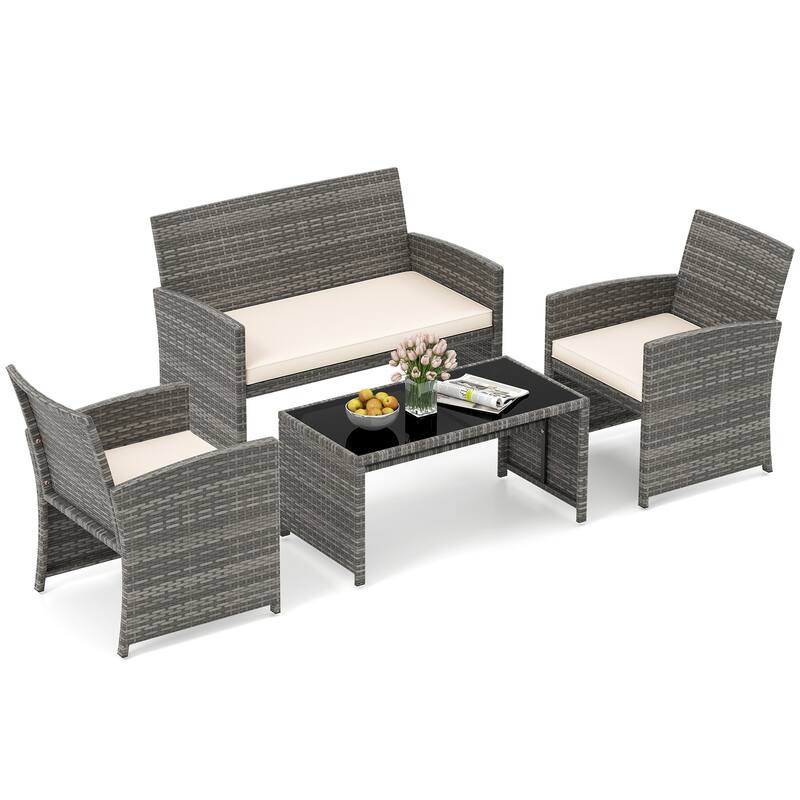 4 Piece Outdoor Patio Furniture Set Mix Gray PE Rattan Loveseat Armchairs and Tempered Glass Coffee Table with Cushions