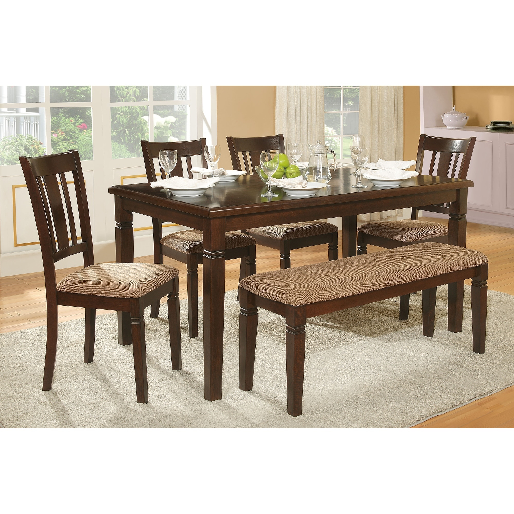 6 Pcs Dining Room Furniture Set, Wooden Kitchen Dining Table Chair Set with Rectangular Table, Bench and 4 Side Chairs