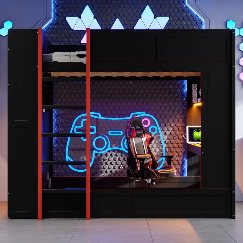 Black Bunk Bed Full Size Wood Gaming Bunk Bed Frame with Desk, Storage Shelves, LED and Charging Station, Full over Full Bed