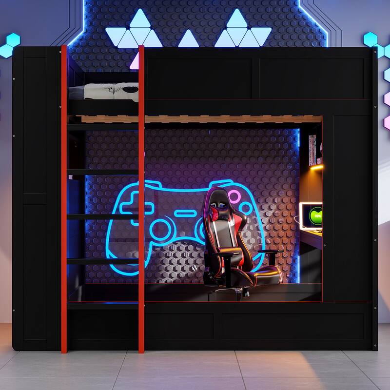 Roomfitters Full Size Gaming Bunk Bed with Desk, Storage Shelves, LED and Charging Station, Black