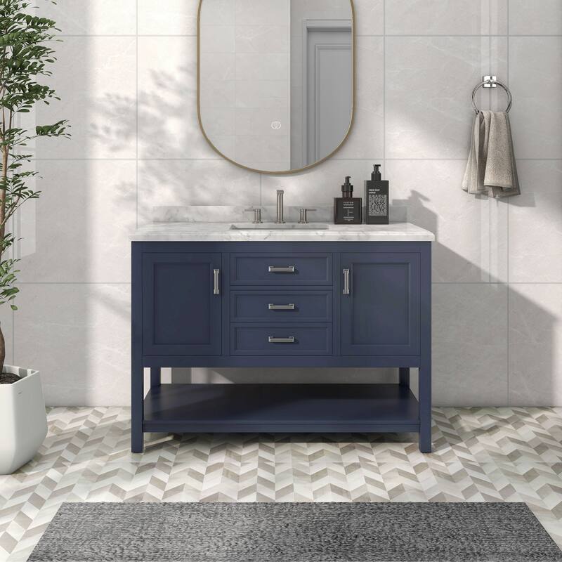 Furniture of America Anya 49" Single Bathroom Vanity with White Carrera Marble Top and Undermount Sink - Blue