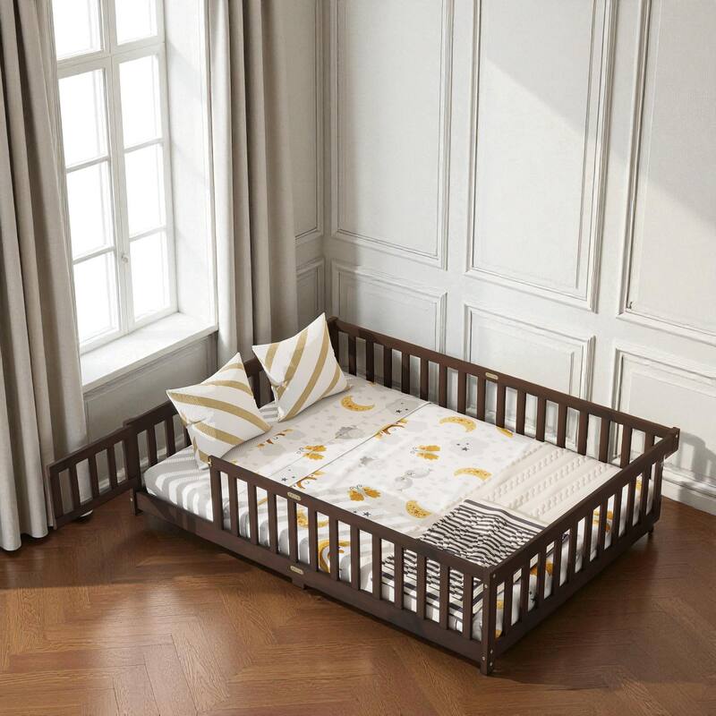 Full Size Rubber Wood Floor Bed with Fence and Door, Montessori Platform Bed with Safety Guardrails for Kids