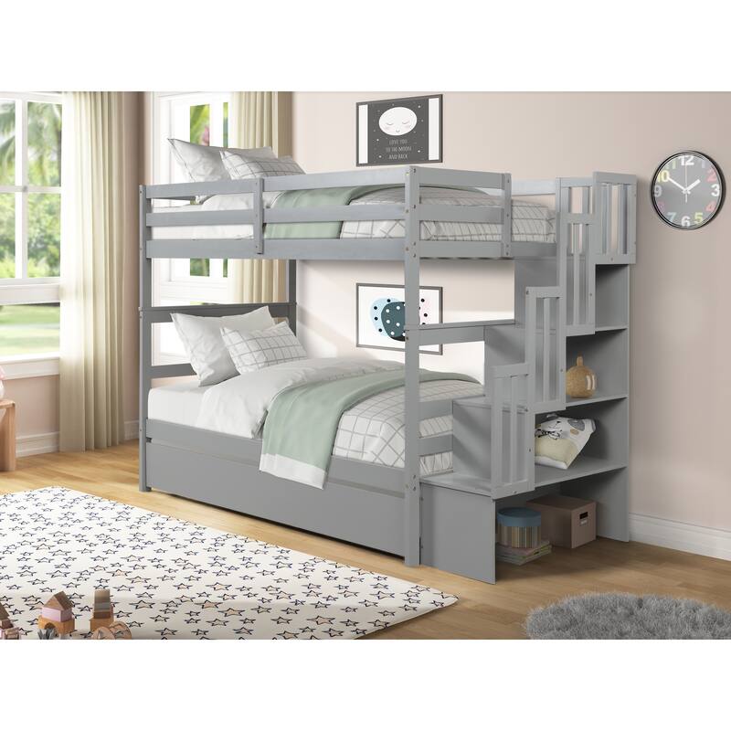 Twin over Twin Bunk Beds with Twin Trundle and Stairway Storage Function