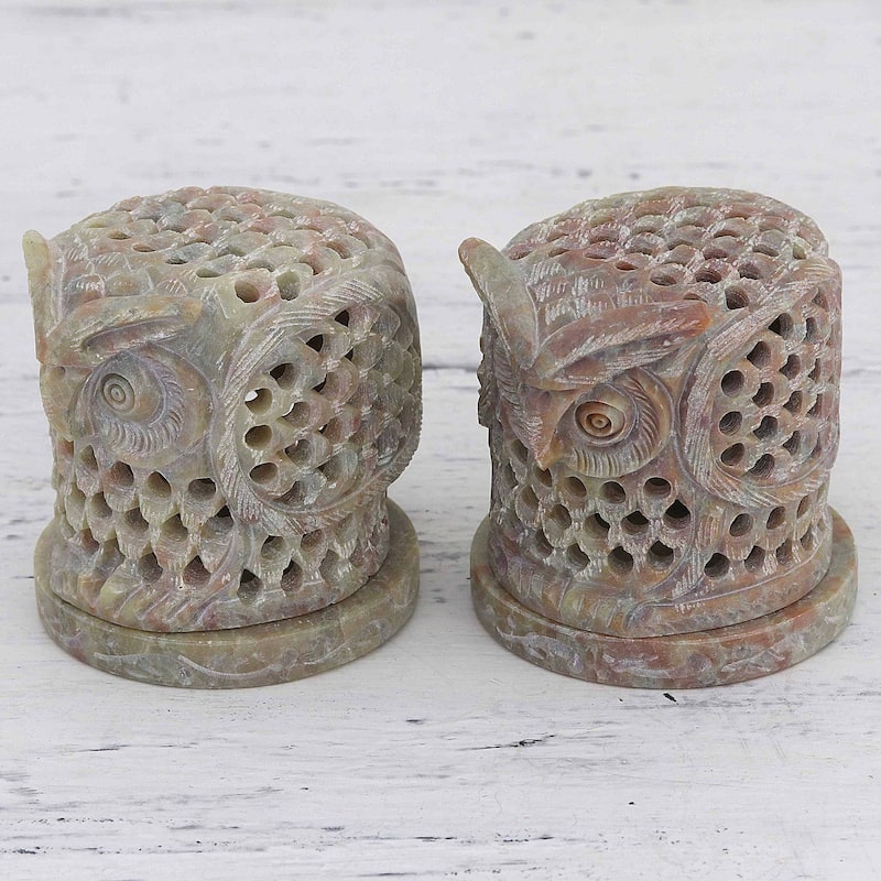 Novica Handmade Up Owl Night Soapstone Tealight Candle Holders (Pair)