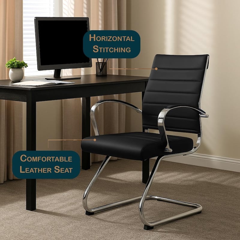 Benmar Series Mid Back Modern Leather Office Executive Desk Chair, Ergonomic Seating with Stainless Steel Sled Base