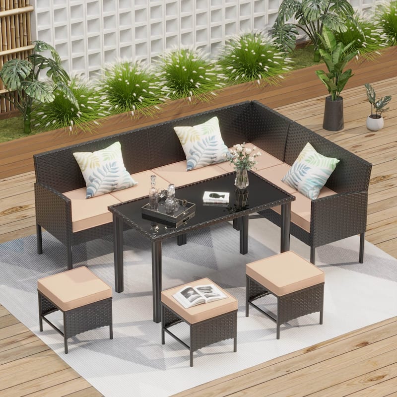7-Piece Outdoor Patio Conversation Set Outdoor Furniture Set with Waterproof Cushions - Khaki