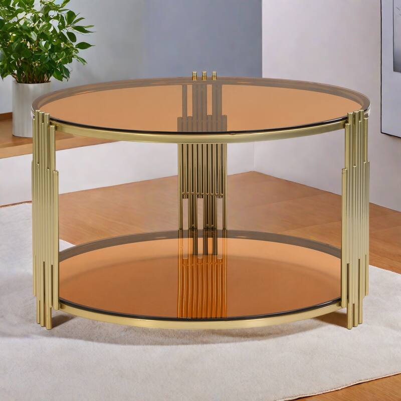 31.5" Tempered Glass Coffee Table with Asymmetrical Metal Design and Lower Shelf - Brown