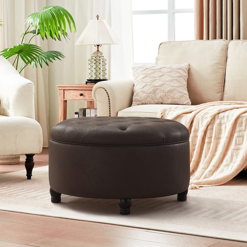 Tufted Round Storage Ottoman, Faux Leather - Dark Brown