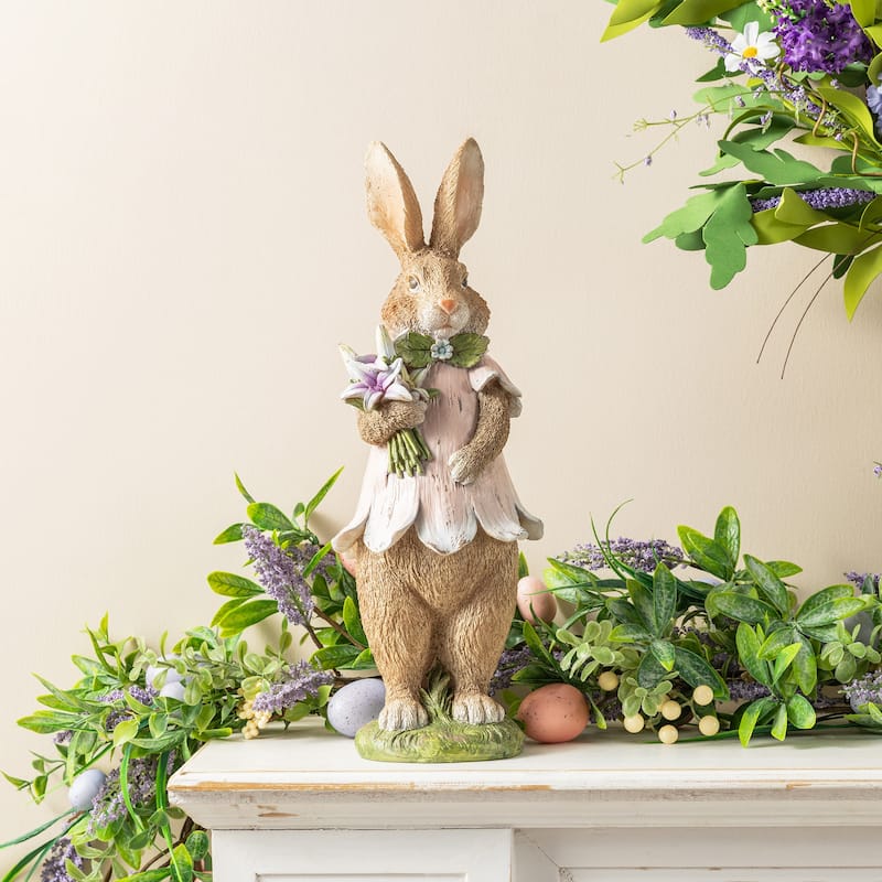 Glitzhome Easter Resin Bunny Boy Girl Table Decor with Flower Rabbit Figurine Ornaments