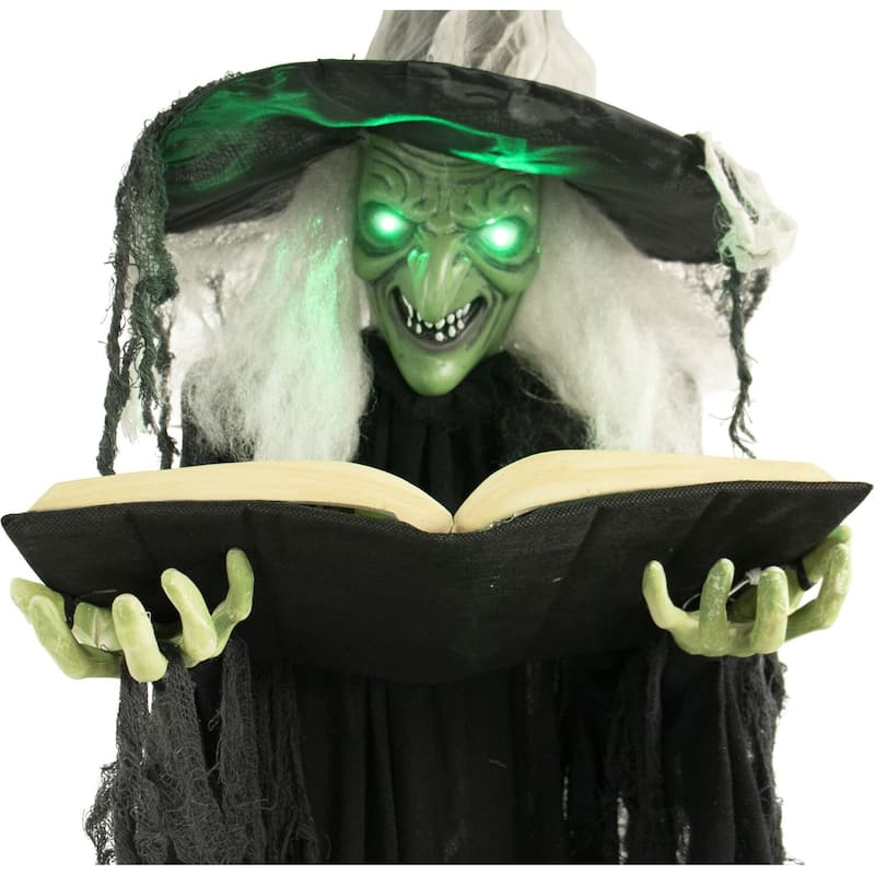 Haunted Hill Farm Life-Size Poseable Witch with Spell Book, Lights and Sound, Indoor/Covered Outdoor Halloween Decoration