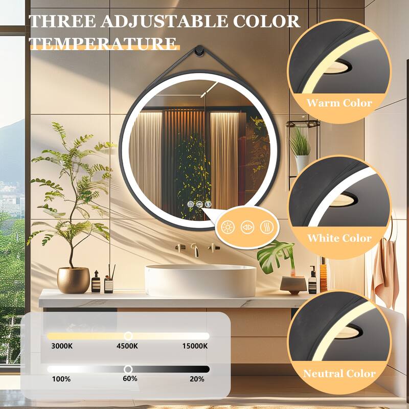 Round Black Framed Bathroom Mirrors Vanity Lighting with Microfiber Leather Hanging Strap