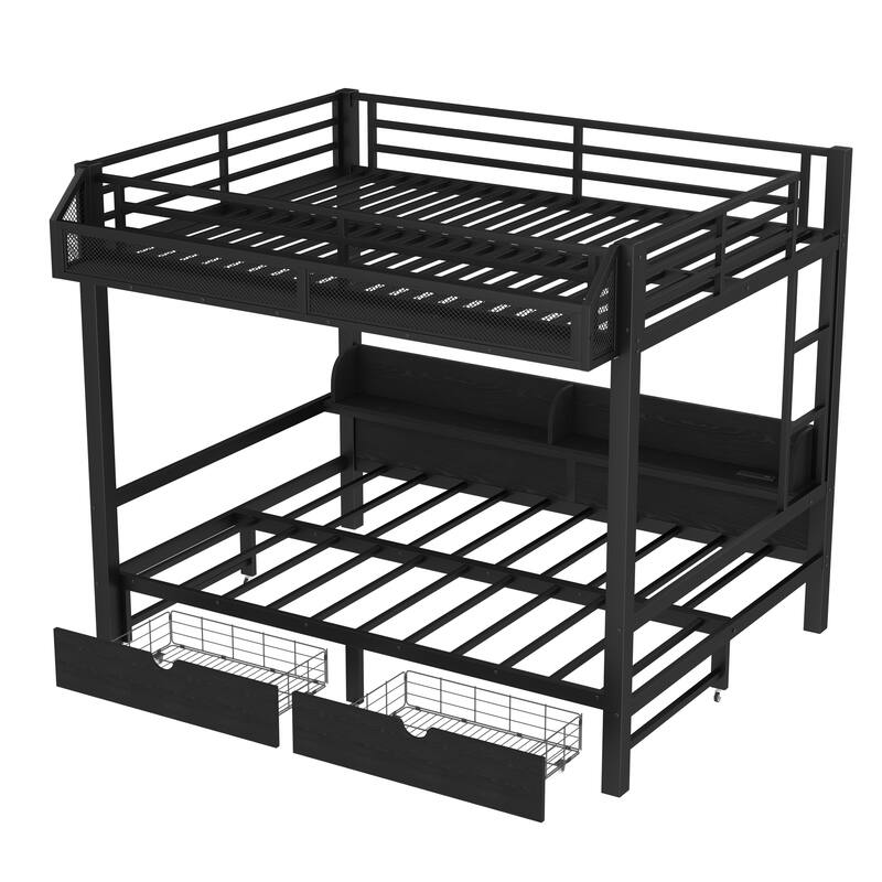 Full over Full Bunk Bed with Storage, USB Ports & LED Lights, Converts to Sofa, Metal Frame