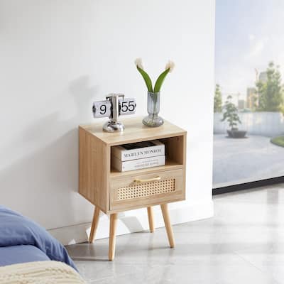 15.75" Boho Chic Rattan Storage End Table with Solid Wood Legs