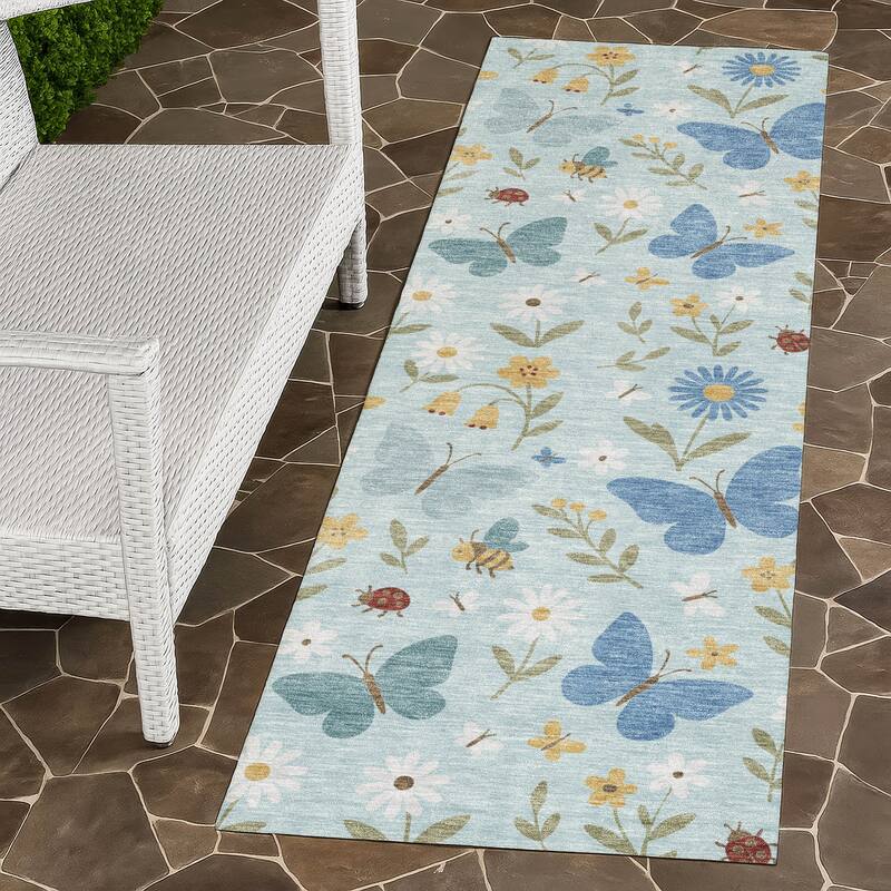 Machine Washable Indoor/ Outdoor Whimsy Butterfly Chantille Rug - Sky - 2'3" x 7'6"
