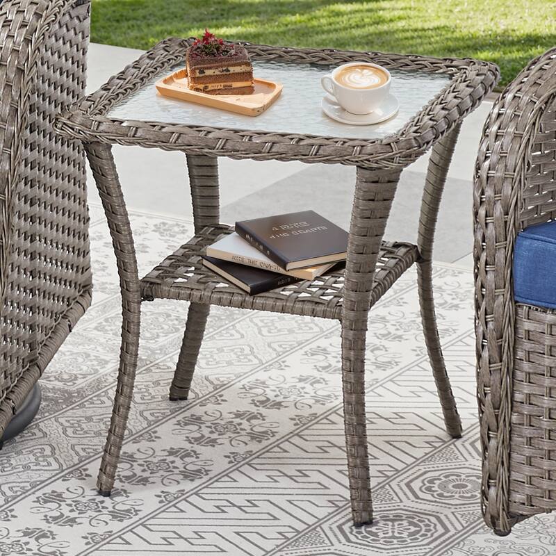 Patio Wicker Coffee Table with Storage -Gre - Grey