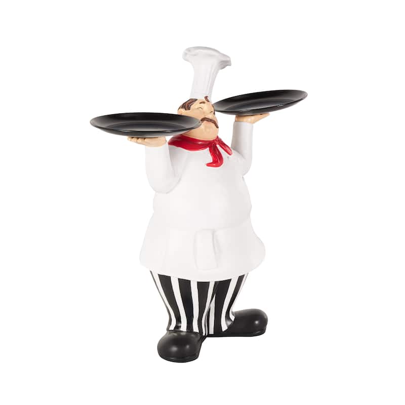 White Polystone Kitchen Decorative Figurine Chef Decorative Sculpture with Black Trays