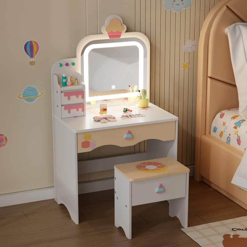 Kids Makeup Desk Vanity Table Set With Cloud-Like Lights And Drawer For Little Girls Ages 3-8 - N/A