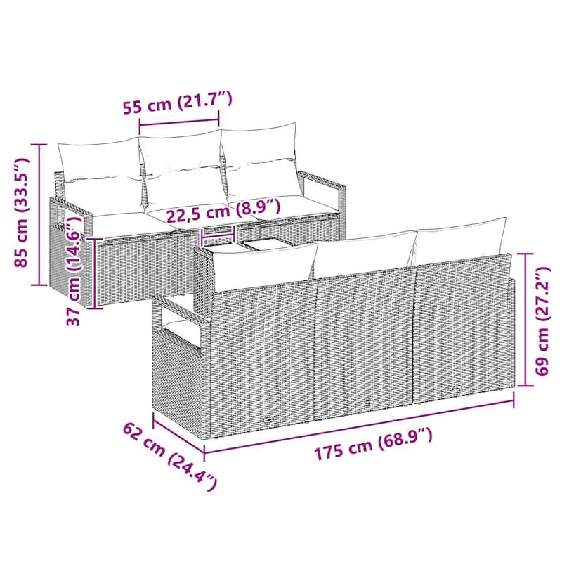 vidaXL 7 Garden Sofa Set with Cushions Black Poly Rattan - 68.9 x 24.4 x 27.2