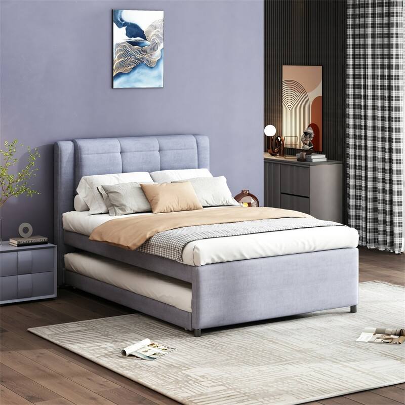 Full Size Upholstered Platform Bed with Pull-Out Trundle, Modern Bed Frame with Headboard, Trundle can be flat or erected