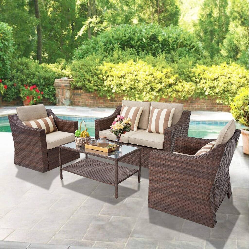 4-piece/5-piece Outdoor Patio Wicker Lounge Chair Conversation Set with Coffee Table and Cushions